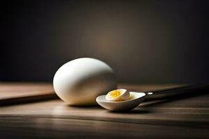 un huevo y cuchara en un mesa. generado por ai foto