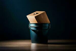 a wooden cube sitting in a bucket on a table. AI-Generated photo