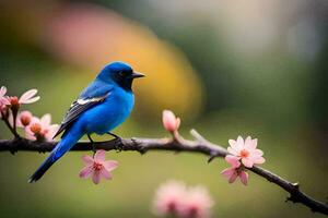 un azul pájaro se sienta en un rama con rosado flores generado por ai foto