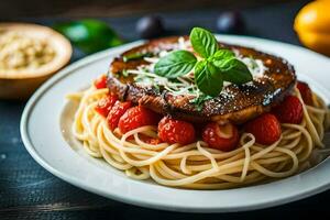 a plate of spaghetti with tomatoes and basil. AI-Generated photo