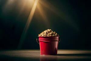 a red bucket filled with dog food. AI-Generated photo