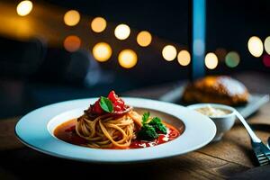 a plate of spaghetti and tomato sauce on a wooden table. AI-Generated photo