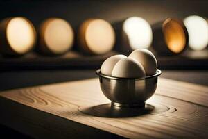 a bowl of eggs on a table in front of a light. AI-Generated photo