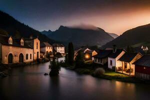 photo wallpaper the sky, mountains, river, houses, the village, the river, the village. AI-Generated