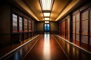 a hallway with wooden floors and doors. AI-Generated photo