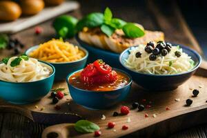 a variety of foods in bowls on a wooden table. AI-Generated photo
