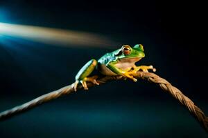 a frog sitting on a wire with a spotlight. AI-Generated photo