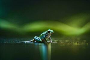 a frog sitting on the ground in front of a green background. AI-Generated photo