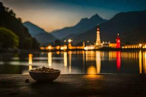 a bowl of nuts on the edge of a lake at night. AI-Generated photo