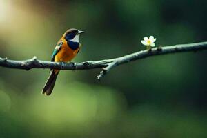 a bird sitting on a branch with a flower. AI-Generated photo