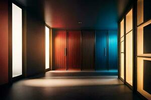 a hallway with colorful doors and a light shining through. AI-Generated photo