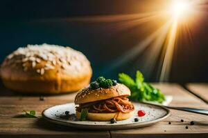 a hamburger on a plate with a bun and vegetables. AI-Generated photo