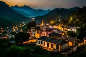 un pueblo en el montañas a oscuridad. generado por ai foto