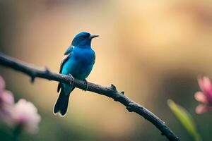 un azul pájaro se sienta en un rama con flores generado por ai foto