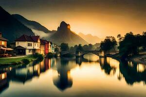 photo wallpaper the sky, water, mountains, bridge, house, river, sunset, sunrise,. AI-Generated