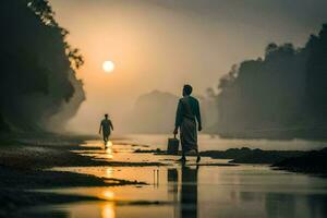 dos personas caminando a lo largo un río a puesta de sol. generado por ai foto