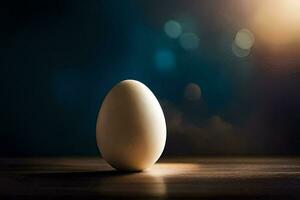 an egg on a table with a blurry background. AI-Generated photo