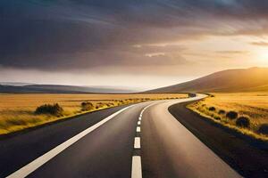 un largo vacío la carretera en el medio de un campo. generado por ai foto