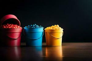 three buckets of colorful candy on a dark table. AI-Generated photo