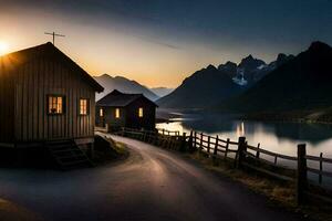 photo wallpaper the sky, mountains, lake, road, house, sunset, house, nature,. AI-Generated