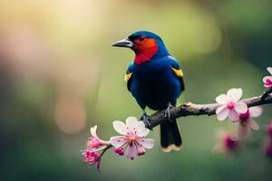 a colorful bird sits on a branch with pink flowers. AI-Generated photo