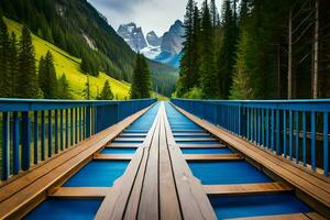 blue bridge in the mountains. AI-Generated photo