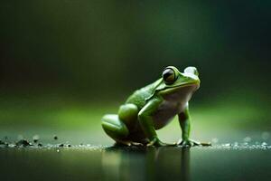 a frog sitting on the ground with water droplets on it. AI-Generated photo