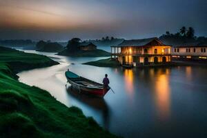 a boat is floating in the water near a house. AI-Generated photo