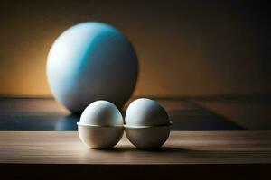 two eggs sit on a table in front of a large egg. AI-Generated photo
