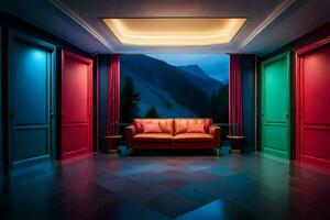 a room with a couch and colorful doors. AI-Generated photo