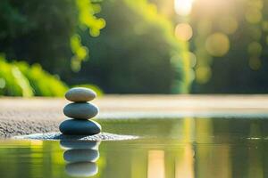 stacked stones in water with trees in the background. AI-Generated photo