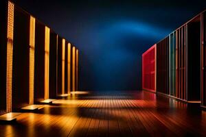 a row of colorful wooden shelves in a dark room. AI-Generated photo