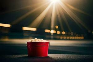 un Cubeta de palomitas de maiz en el piso en frente de un brillante ligero. generado por ai foto