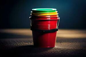 a stack of red plastic cups on a dark table. AI-Generated photo