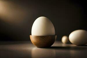 un huevo en un de madera huevo poseedor con otro huevos. generado por ai foto