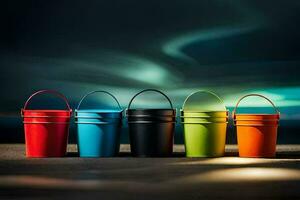 five colorful buckets on a dark background. AI-Generated photo