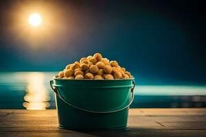 a bucket of peanuts on a wooden table in front of the ocean. AI-Generated photo