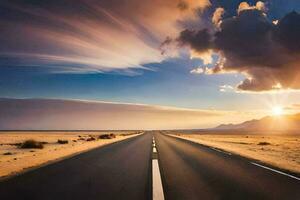 a long empty road in the desert with the sun setting. AI-Generated photo