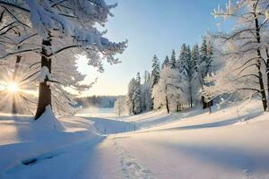 a snowy landscape with trees and snow. AI-Generated photo