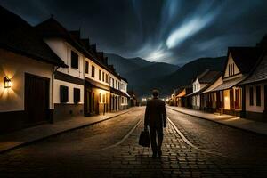 a man in a suit walks down a cobblestone street at night. AI-Generated photo