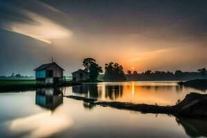 the sun rises over a lake and a small house. AI-Generated photo