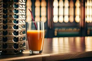 a glass of orange juice sitting on a wooden table. AI-Generated photo