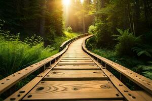 a wooden walkway in the forest with the sun shining. AI-Generated photo