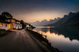 a house on the shore of a lake at sunset. AI-Generated photo