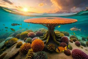 a coral reef with fish and corals under the sun. AI-Generated photo