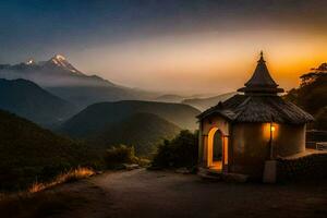 a small hut sits on the side of a mountain at sunset. AI-Generated photo