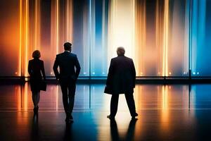 three business people walking in front of a colorful light show. AI-Generated photo