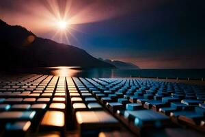 a sunset over a lake with rows of computer keyboards. AI-Generated photo