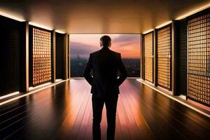 a man in a suit stands in front of a large window. AI-Generated photo