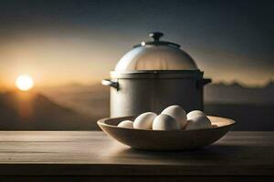 a bowl of eggs and a pot on a table. AI-Generated photo